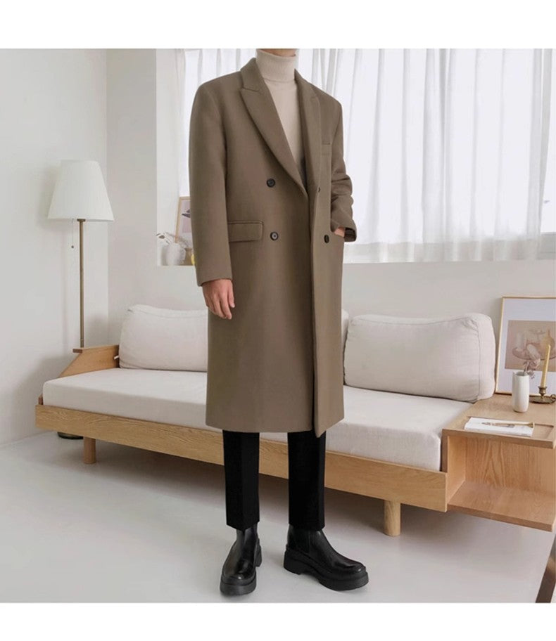 Mauroicardi Autumn Winter Long Warm Camel Black Woolen Coat Men Double Breasted Korean Style Wool Blends Overcoat with Back Slit
