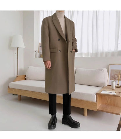 Mauroicardi Autumn Winter Long Warm Camel Black Woolen Coat Men Double Breasted Korean Style Wool Blends Overcoat with Back Slit