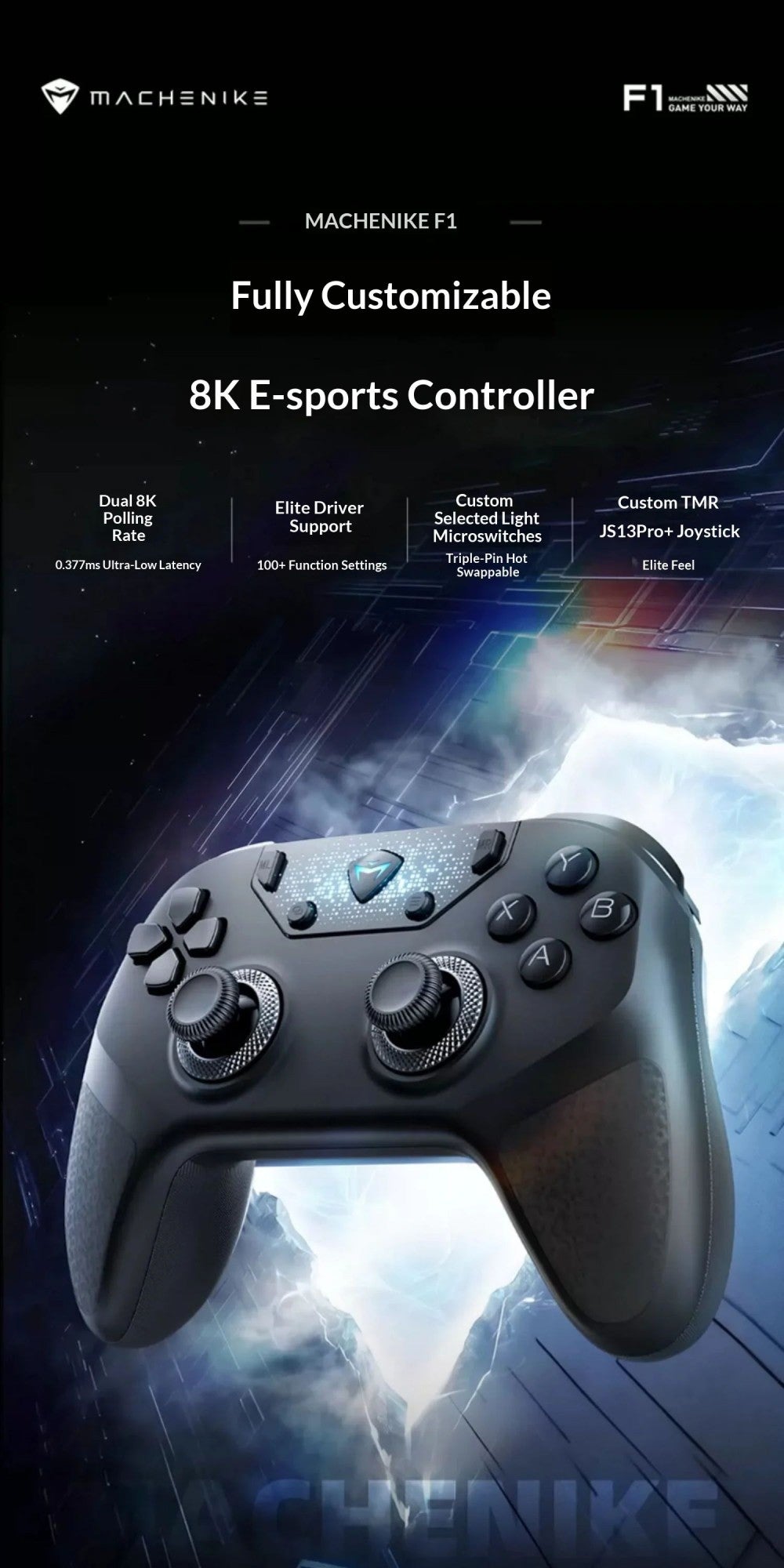Machenike F1 Wireless Game Controller 3?Mode Dual 8K Hot?Swap Custom Body?Sense Micro Switch for PC Mobile Gaming Desktop Setup