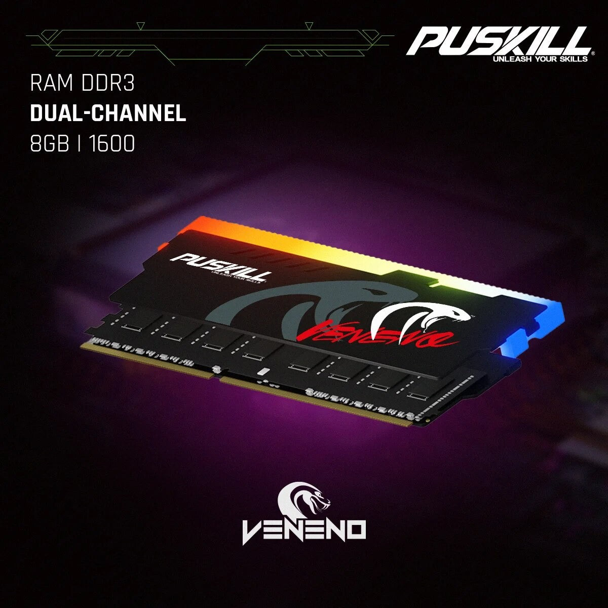 PUSKILL Memória RAM RGB DDR3 8GBx2 1600MHz 12800S Udimm Dual Channel DIMM Memória RAM para Desktop