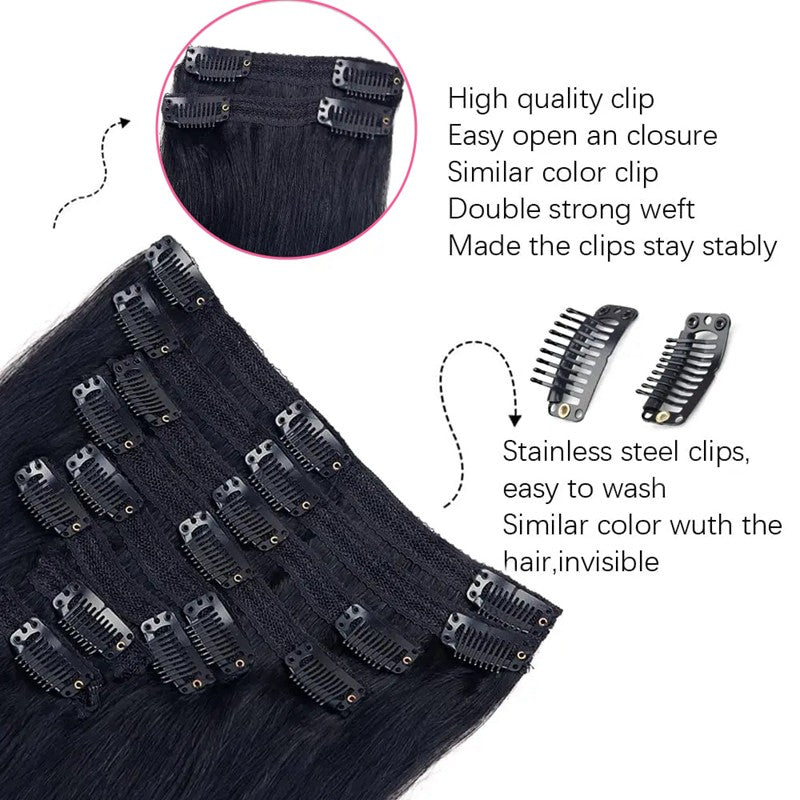 Cabelo Sintético Liso com Presilhas, Extensões de Cabelo Preto Suave de 30-45 cm, Aplique Grosso com Presilhas