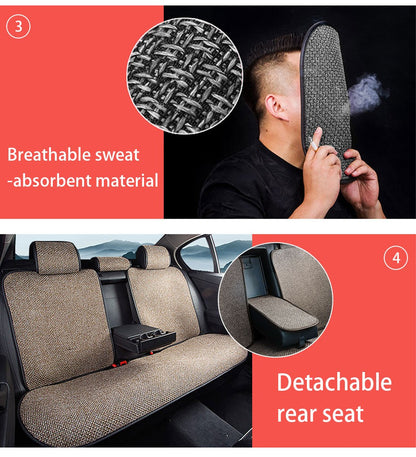 SEAMETAL Flax Car Seat Cover Breathable Sweatproof Linen Car Seat Cushion with Backrest Pad 4-Season Universal for 98% Vehicles