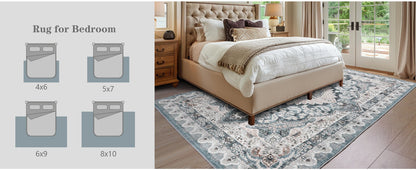 Area Rugs for Living Room, Machine Washable Vintage Rug, Non-Slip Low Pile Throw Rugs with Rubber Backing Washable Carpet