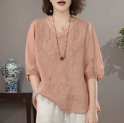 Summer New Literary Vintage Embroidery Cotton Linen Shirt Ladies Half Sleeve Loose Casual Fashion Blouse Women's Clothing Tops