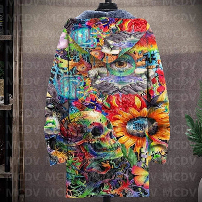 Men's Retro Print Plush Thick Long-Sleeved Coat Cardigan Psychedelic 3D Prined Fleece Hooded Overcoat Unisex Thick Warm Jacket
