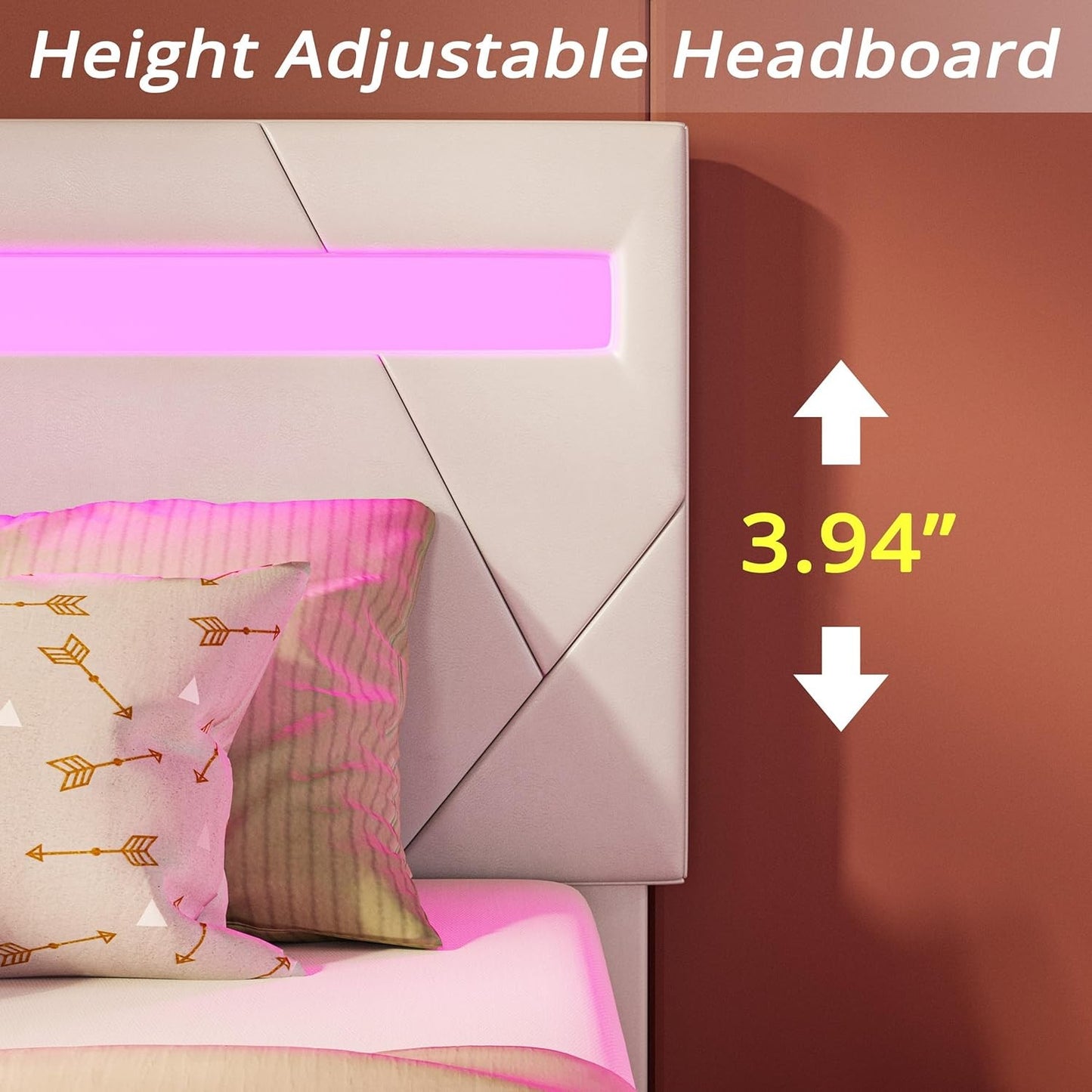 Estrutura de Cama de Solteiro com Luzes LED (Controle via APP Inteligente), Estrutura de Cama Plataforma Moderna Estofada, Não Precisa de Box/Livre de Ruídos