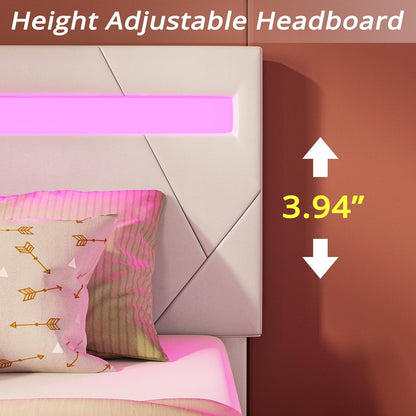 Estrutura de Cama de Solteiro com Luzes LED (Controle via APP Inteligente), Estrutura de Cama Plataforma Moderna Estofada, Não Precisa de Box/Livre de Ruídos