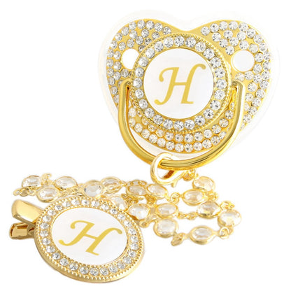 26 Initial Letters Golden Baby Pacifier With Diamond Chain Clip