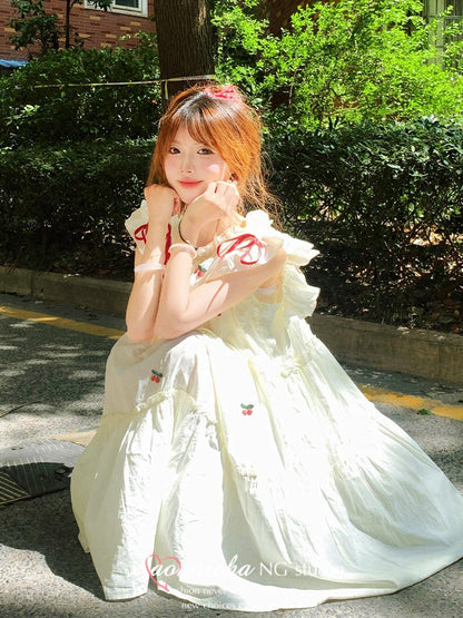 Snow White Babydoll Dress Flutter Sleeve Cherry Embroidery Women Summer Lolita Fashion Sweetheart Aesthetic Petite Fit