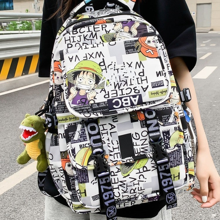 Mochila Anime Masculina e Feminina de Grande Capacidade One Piece Luffy Graffiti Estampada para Alunos do Ensino Médio