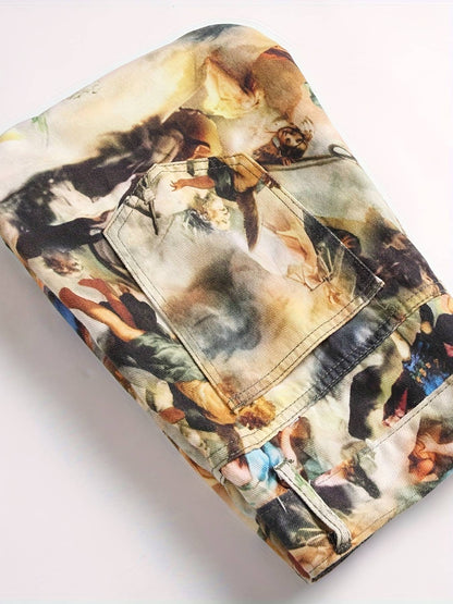 Men's creative oil painting printed jeans, European retro denim straight leg pants