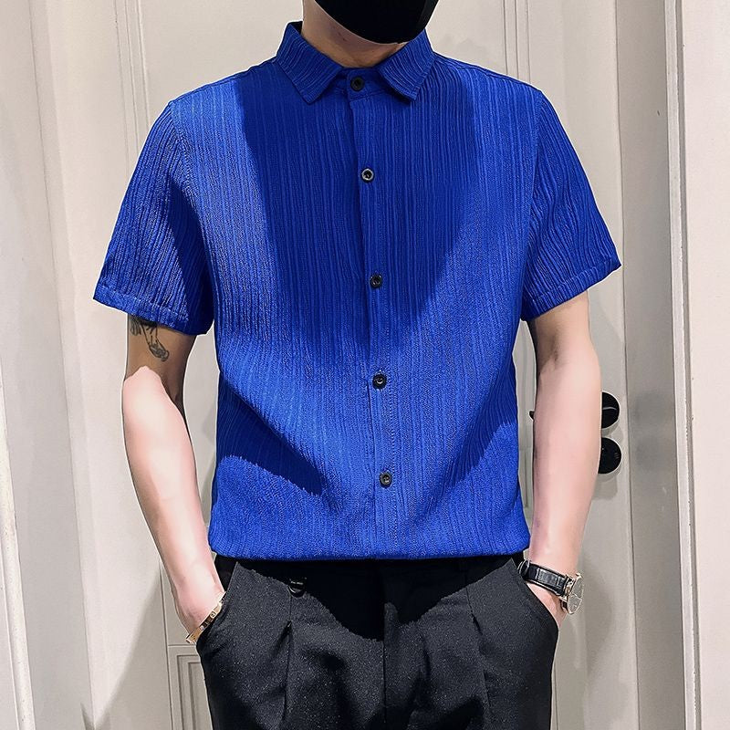 Streetwear Fashion Korean Clothing Solid Shirts Spring Autumn Men Long Sleeve Striped Lapel Single Sockets Business Casual Tops