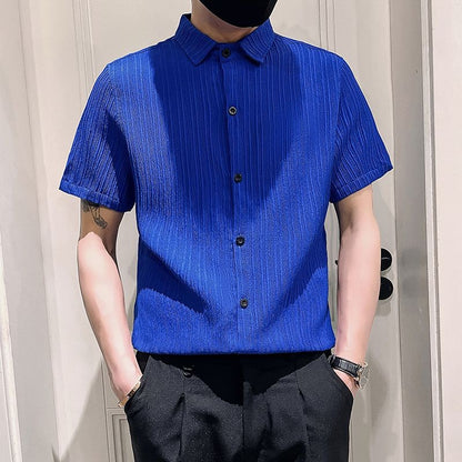 Streetwear Fashion Korean Clothing Solid Shirts Spring Autumn Men Long Sleeve Striped Lapel Single Sockets Business Casual Tops