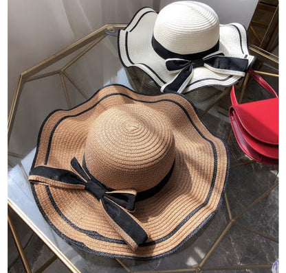Beach HatJapanese Everything Hairy Edge Straw Hat Female Summer dome  Top Outing Sun Hat Small Fresh Bow Sun Shade Beach Hat