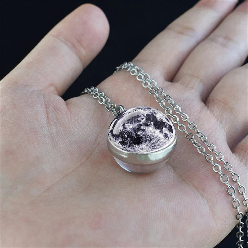 Colar com Pingente de Bola de Vidro Planeta Dupla Face Galáxia Sol Terra Lua Marte Joias