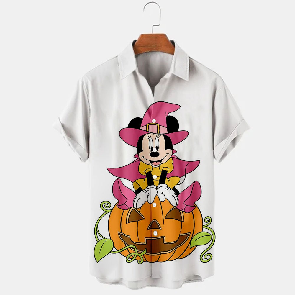 2024 New Halloween Collection Disney Branded Stitch And Mickey Anime 3D Printed Men's Lapel Short Sleeve Slim Fit Hawaiian Shirt