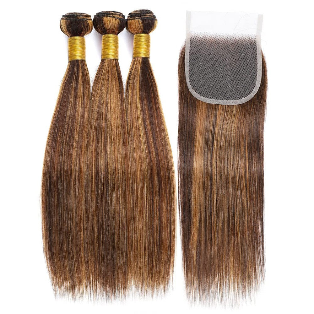 destaque 12A Pacotes de Cabelo Humano Liso com Fechamento Loiro Mel Pacotes de Cabelo Humano 100% Virgem Cru Birmanês