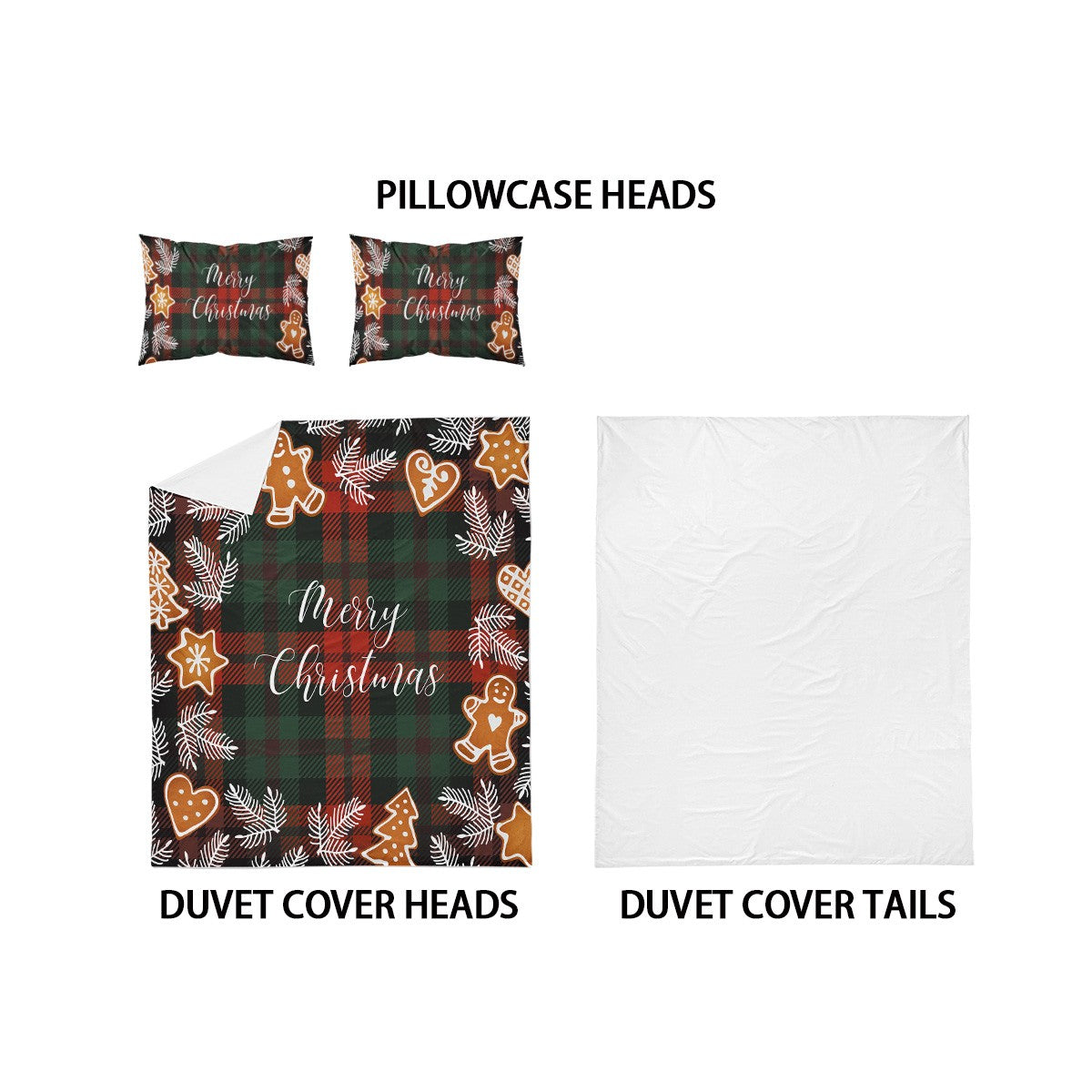 3-piece Christmas themed red checkered Christmas Happy English pattern print (1 duvet cover+2 pillowcases, no core) bedding set