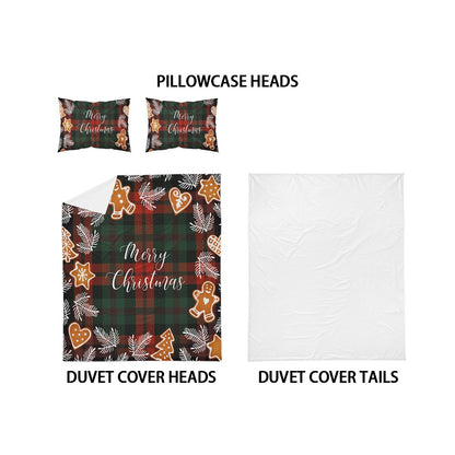 3-piece Christmas themed red checkered Christmas Happy English pattern print (1 duvet cover+2 pillowcases, no core) bedding set