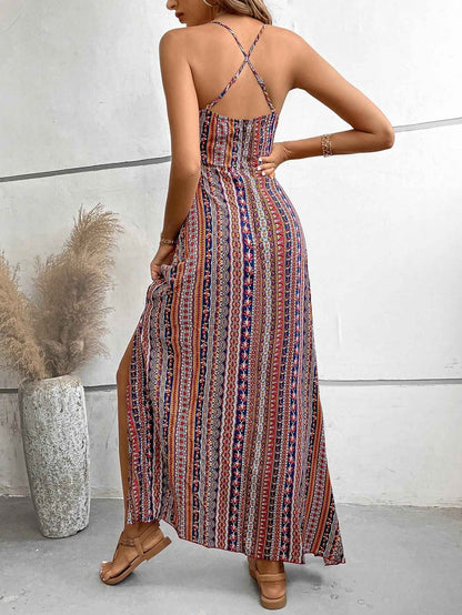 Women's Summer Ethnic Pattern Backless Split Thigh Dress Ladies Summer Clothes Boho Fashion Frill Trim Long Dress for Beach