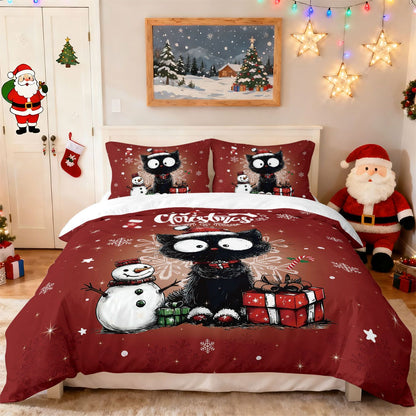3pcs Christmas Cute Black Cat Print Choreless Bedding Set Multiple Size Bedroom Bedding Holiday Decoration Machine Washable