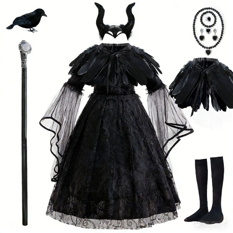 Halloween Costume Cartoon Maleficent Cosplay Dress Fancy Witch Disguise Robe Carnival Devil Queen Dot Tulle Frock