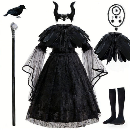 Halloween Costume Cartoon Maleficent Cosplay Dress Fancy Witch Disguise Robe Carnival Devil Queen Dot Tulle Frock