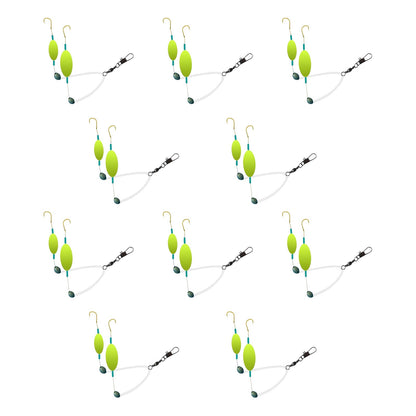 10PCS Buoyant Fishing Hooks Kit Double Hook Reverse Suspended Euro Rig with Golden Sleeve for Bass Trout Saltwater Fishing