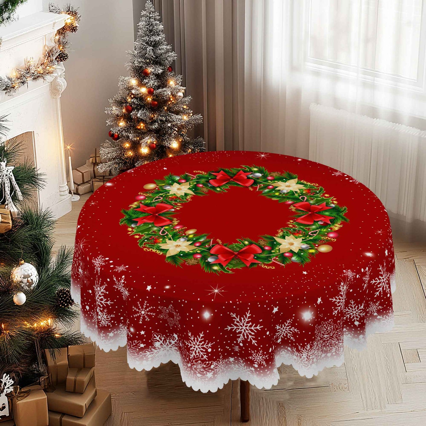 1 Piece Christmas Round and Rectangular Tablecloth, Various Sizes, Christmas Gift Box Bow Snowflake Print Pattern Design Tablecloth for Daily Home Kitchen, Terrace Use, Gifts