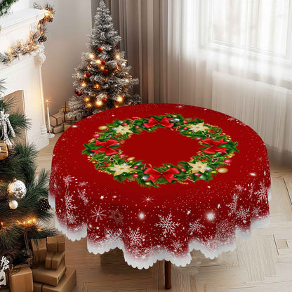 1 Piece Christmas Round and Rectangular Tablecloth, Various Sizes, Christmas Gift Box Bow Snowflake Print Pattern Design Tablecloth for Daily Home Kitchen, Terrace Use, Gifts