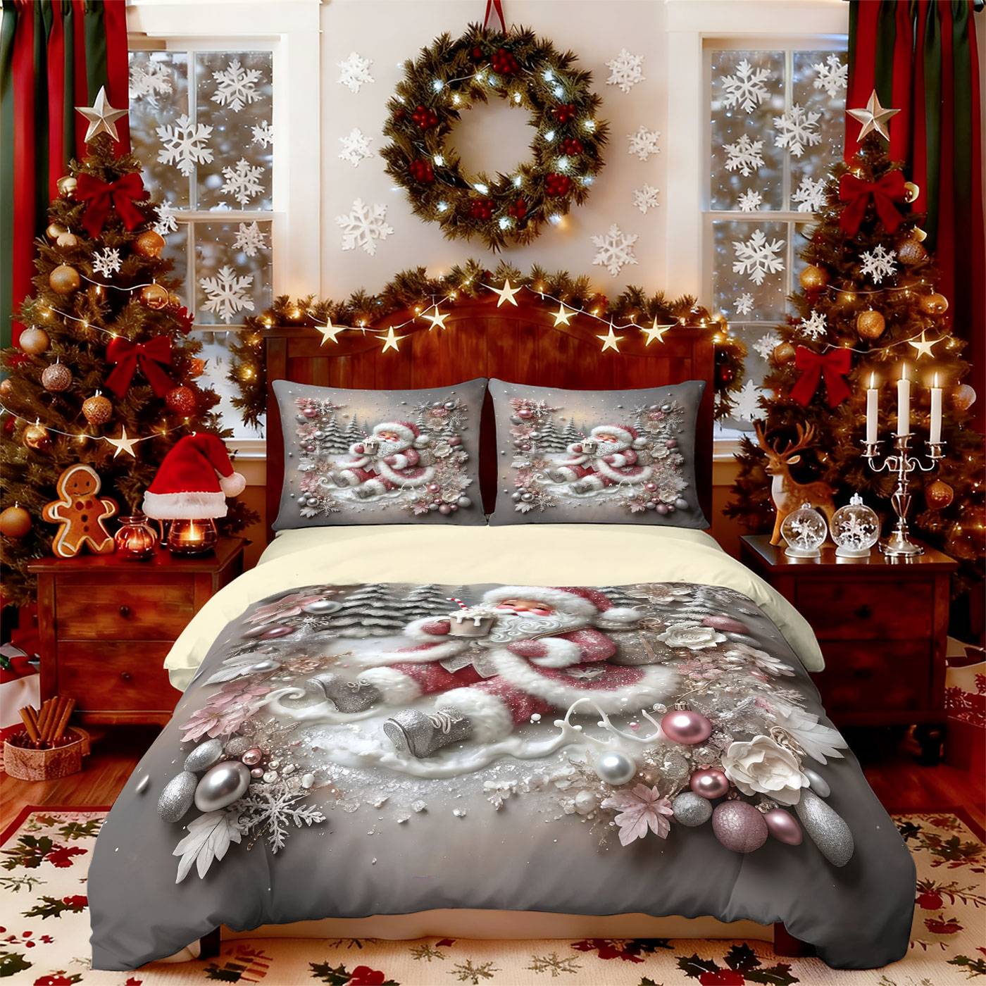 3pcs imitation relief Christmas Santa Claus Merry Christmas, print coreless bedding set multi size bedroom bedding decoration