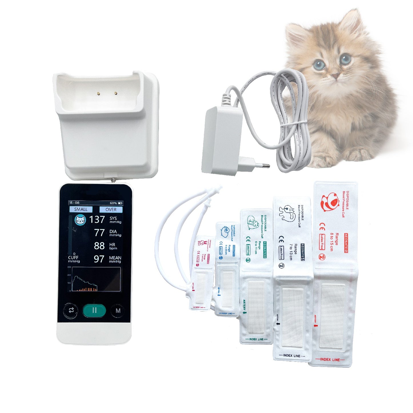 Monitor de Pressão Arterial Animal Eletrônico Portátil Medidor BP para Gatos Cães Uso Veterinário