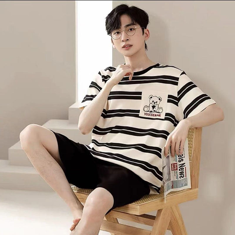 2 Piece Set Sleepwear Men Large Size Youth Pajamas Striped Bear Home Wear Man Nightwear Loungewear Comforts Breathable Casual