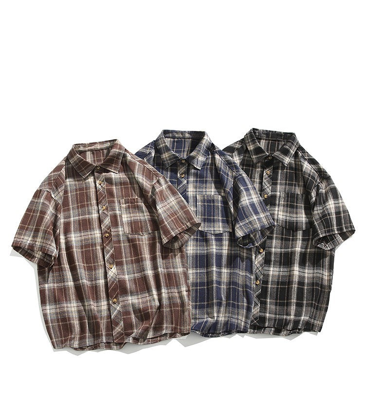 2025 Mens Cotton Plaid Style Cargo Shirts Casual Dress Short Sleeve Work Streetwear Blouses M-5XL