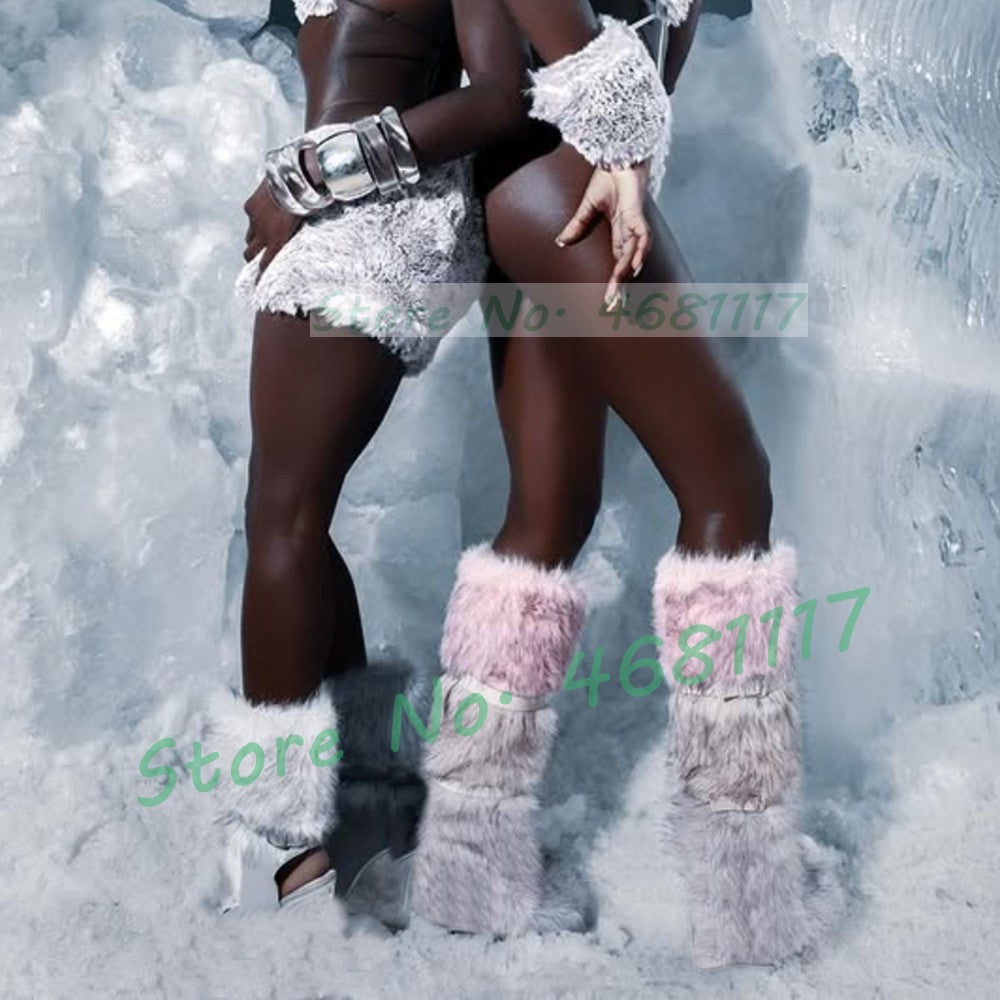 Colorblock Fur Platform Wedge Boots Women Sweet Belt Buckle Below The Knee Snow Boots Cool Girls Winter Punk Round Toe Shoes