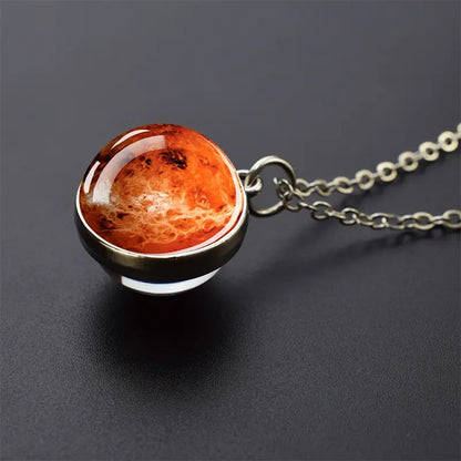 Colar com Pingente de Bola de Vidro Planeta Dupla Face Galáxia Sol Terra Lua Marte Joias