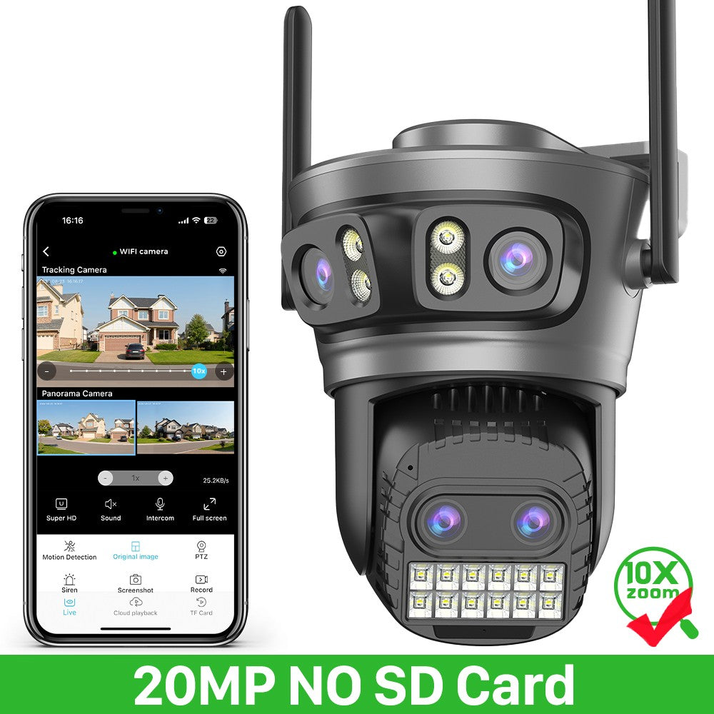 20MP 10K PTZ Wifi Camera Four Lens 10X Zoom Surveillance Camera Outdoor 360°No Dead Angle Ultra Long Range Night Vision Security