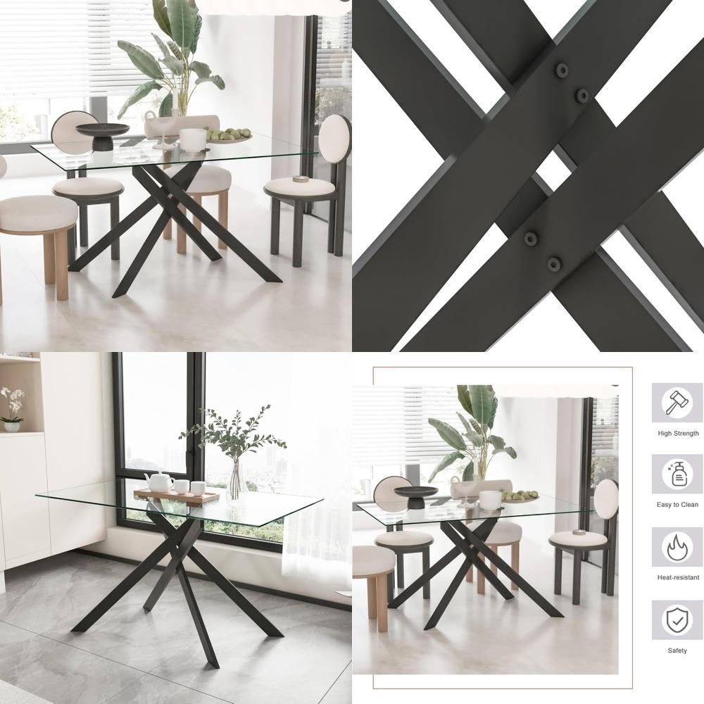 Rectangular Glass Dining Table for Four, 51.2 Modern Kitchen Table with Black Steel Legs