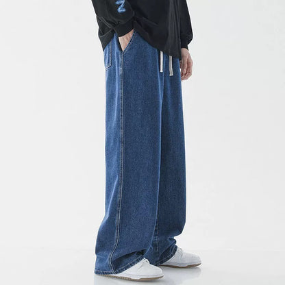 Casual Outdoor Men's Jeans Elastic Waist Loose Fit Long Pants Spring Autumn Workwear Comfortable Straight Leg Blue Denim