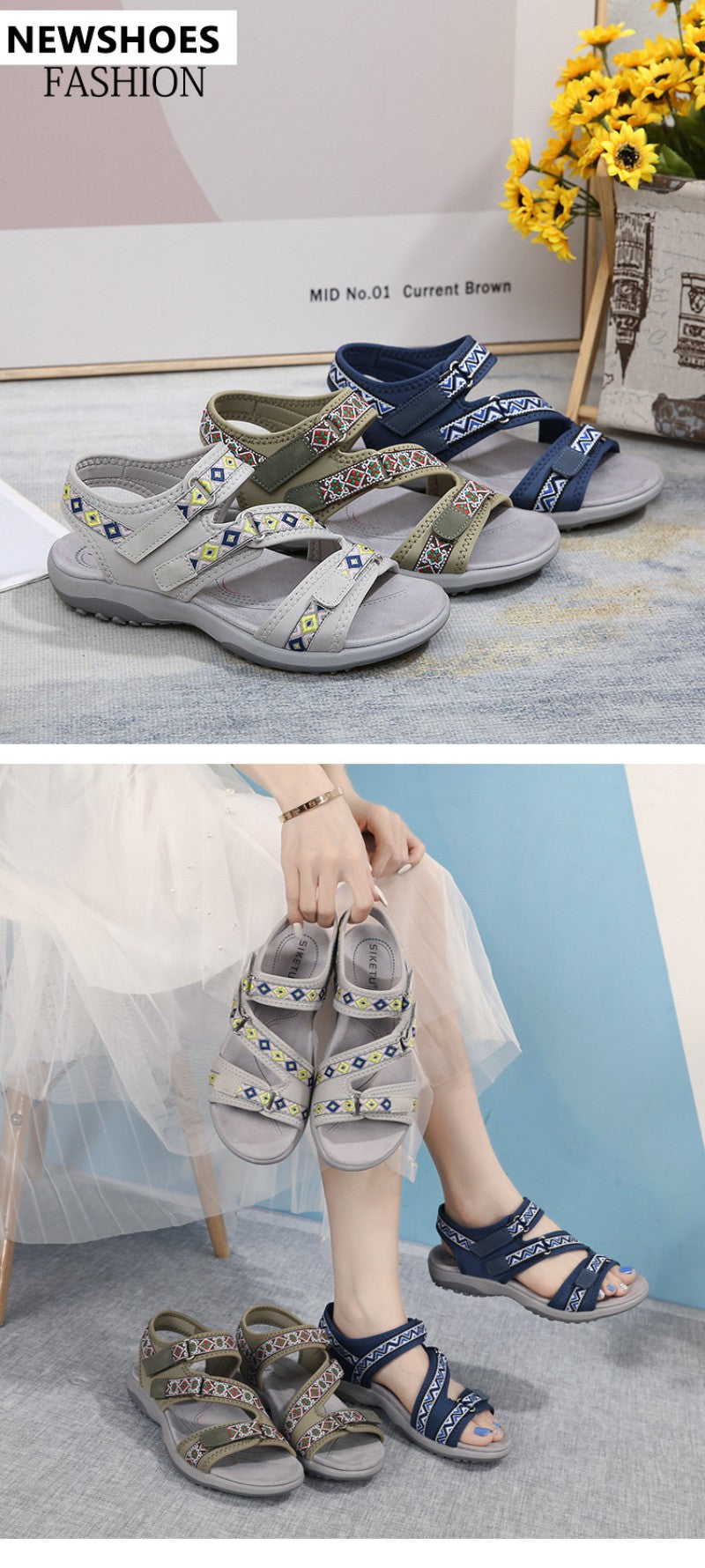 Spring And Summer Printed Velcro Comfortable Casual Beach Flat Sandals For Women's Ethnic Style Leisure Comfortable And Simple