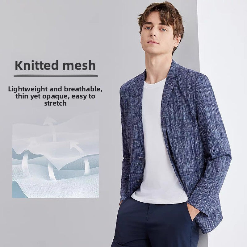 High-End Lightweight Knitted Me Qui-Dry Casual Men's Summer Thin Suit Jaet Busin Gentleman Sle round Hemline Long ...