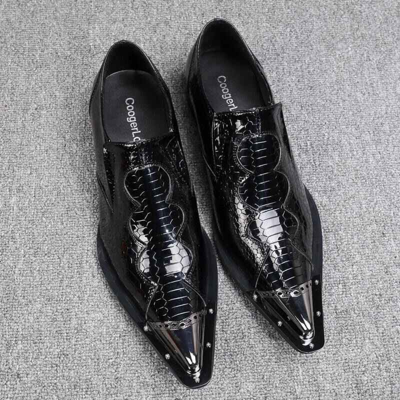 2024 Western Fashion Pointed Metal Toe Dress Shoes Blue Grey Party Wedding Leather Shoes for Men