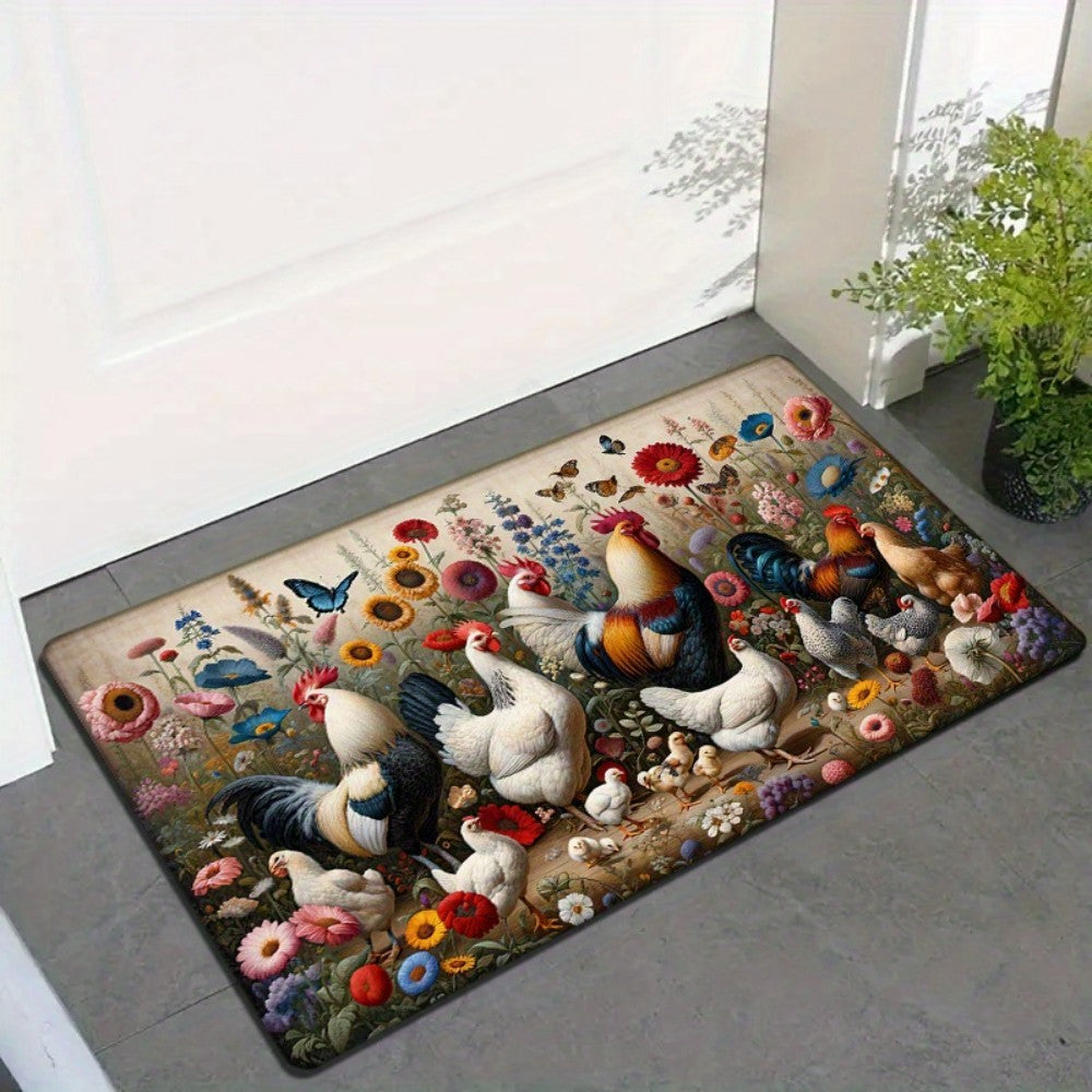VIKAMA Rooster Floral Print Non-Slip Flannel Doormat Machine Washable Rug Suitable for Kitchen, Bathroom, Living Room, Bedroom