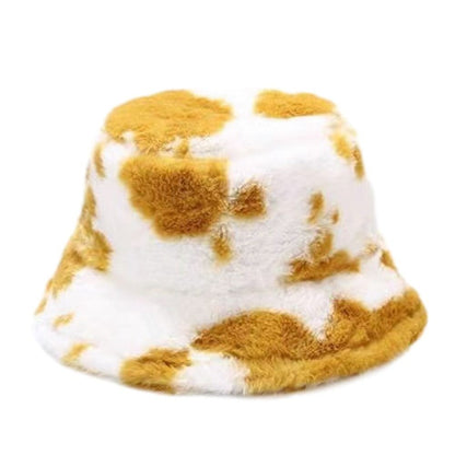 Winter Bucket Hat Women's Fashion Milk Cow Grain Panama Warm Hats Female Vintage Faux Fur Fisherman Cap Hats For Women Casual