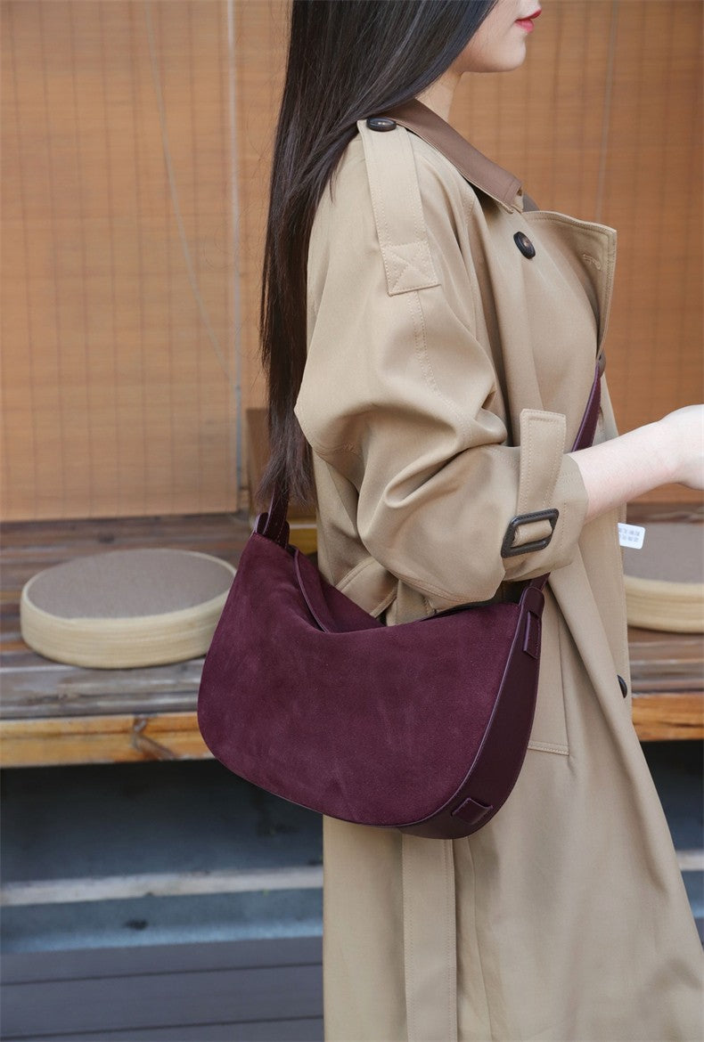 Burminsa Suede Genuine Leather Hobo Shoulder Bags For Women 2025 Luxury Designer Crescent Crossbody Purses Work Ladies Handbags