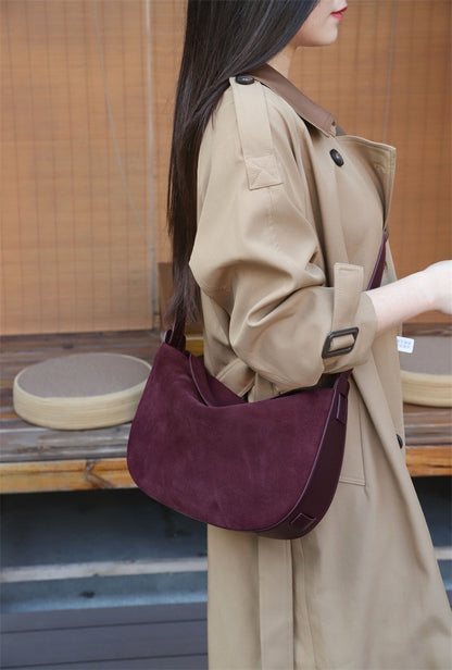 Burminsa Suede Genuine Leather Hobo Shoulder Bags For Women 2025 Luxury Designer Crescent Crossbody Purses Work Ladies Handbags