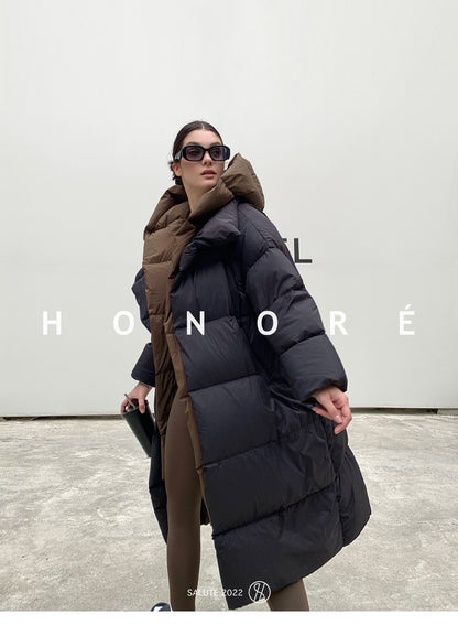 Janveny Fluffy White Duck Down Jacket Women Winter Thickness Warm Long Puffer Coat Hooded Female Fashion Fake Two-piece Parkas