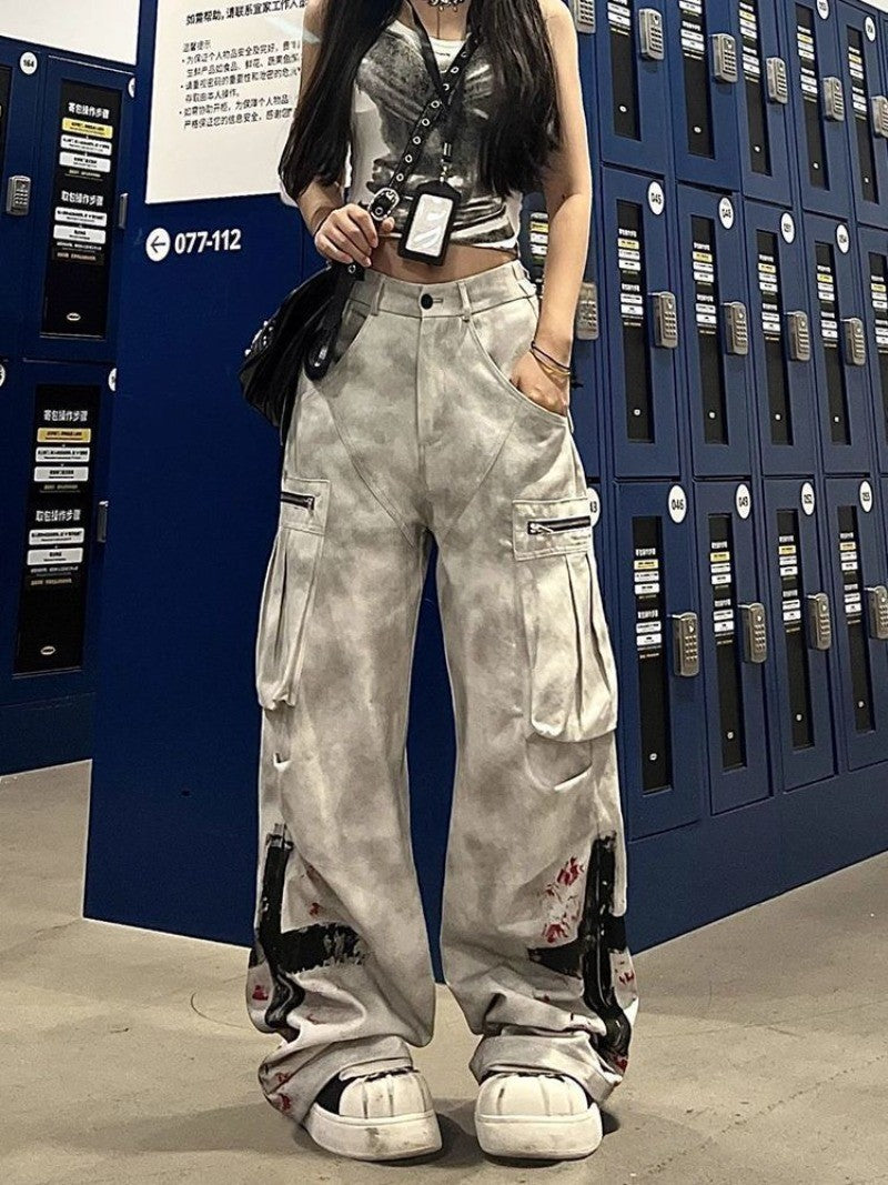 American Street Gothic Graffiti Print Pocket Jeans Women Retro Distressed Loose Fashion Street Casual High Waist Wide Leg Jeans
