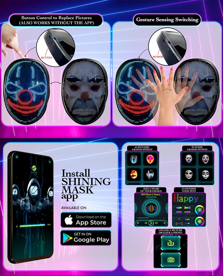 Led Mask with Bluetooth App Control Programmable Face Transforming Light up Halloween Led Mask