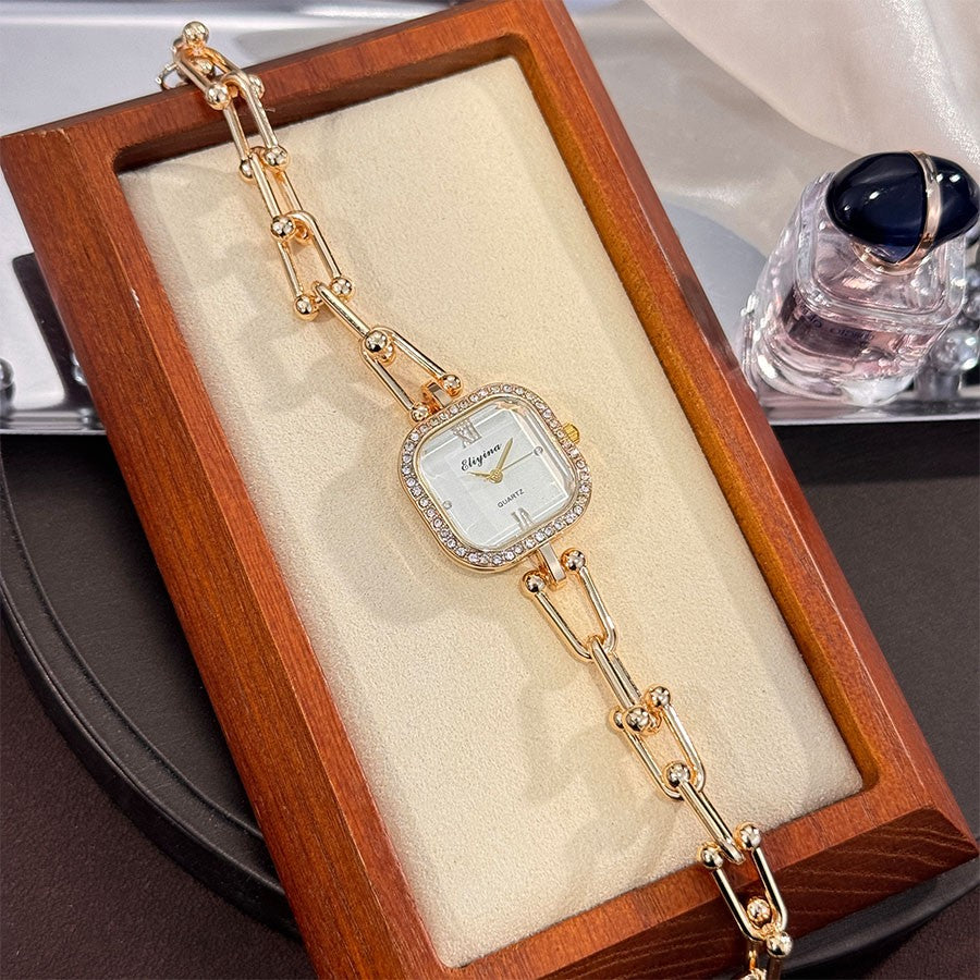 Luxury Minimalist Bracelet Watch Creative Square Multi-Faceted Glass Quartz Movement Chain Mid-century Small High-End Acces